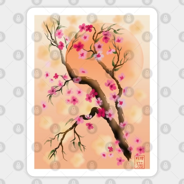 Deep yellow and pink sakura (cherry blossoms) sumi-e Magnet by cuisinecat